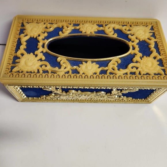 VTG Hollywood Regency Tissue Holder Green Velvet Flocking Blue Box Cover - Picture 2 of 3